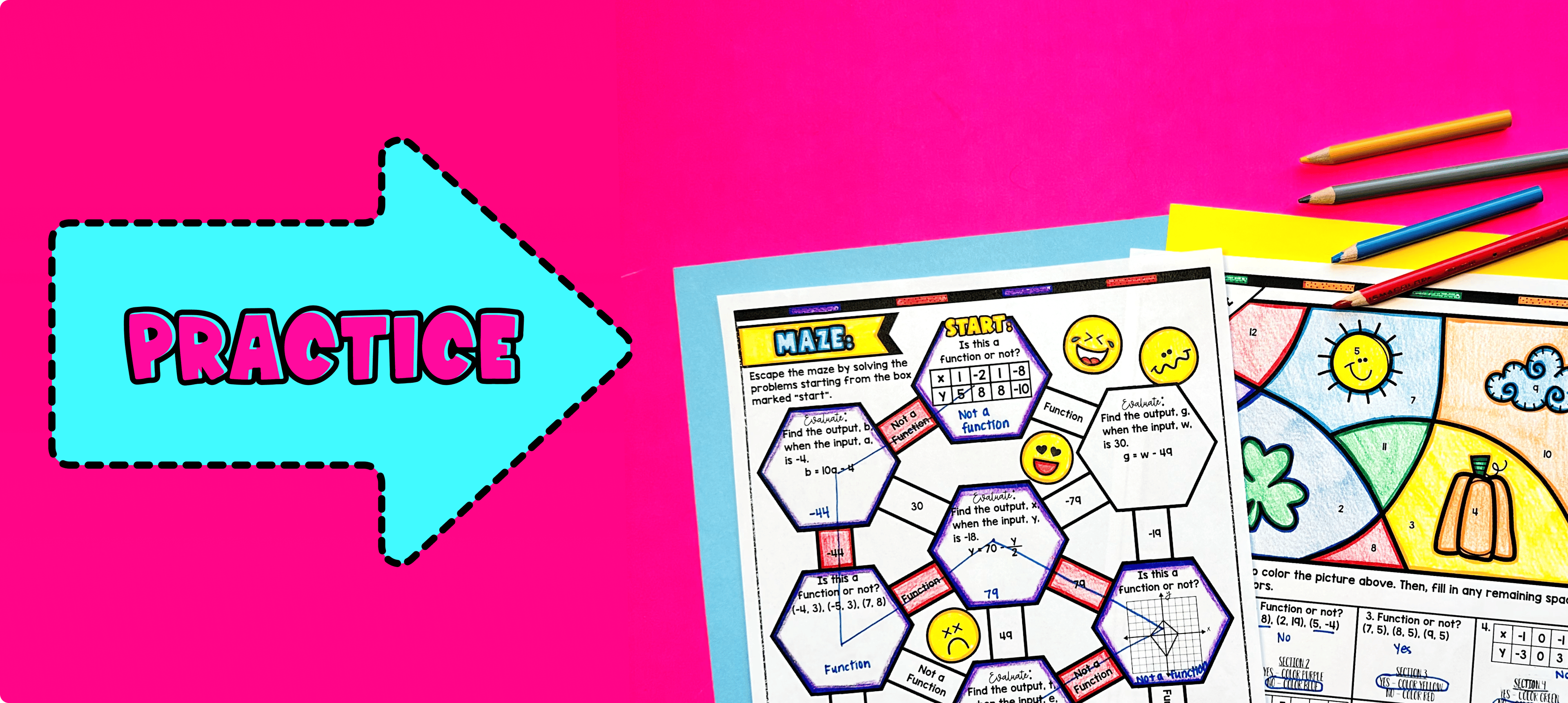 Identifying Functions and Evaluating Functions Practice - Maze and Color by Number Worksheets