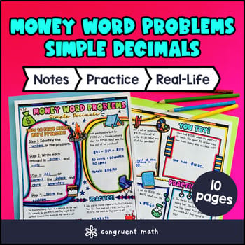 Money Word Problems & Decimals 4th Grade Guided Notes with Doodles 4.MD.A.2