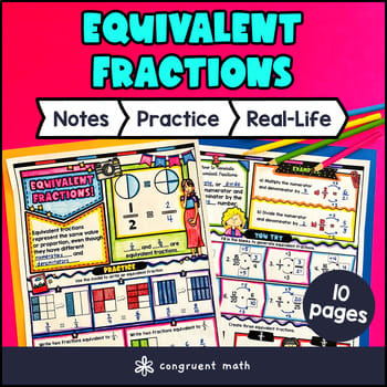 Equivalent Fractions Visual Fraction Model Guided Notes with Doodles 4th Grade